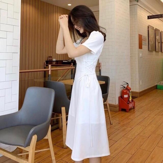 Đầm trắng midi dây rút eo dự tiệc thiết kế
