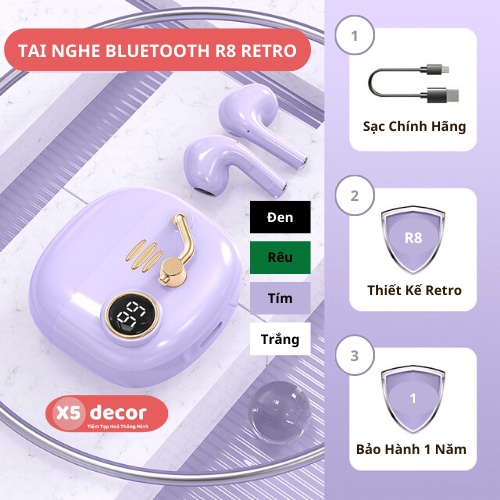 Tai Nghe Không Dây Bluetooth R8 Tai Nghe Nhét Tai - Phong Cách Retro Độc Đáo, 5 Màu Ưa Chuộng Đen, Tím, Trắng, Xanh Rêu
