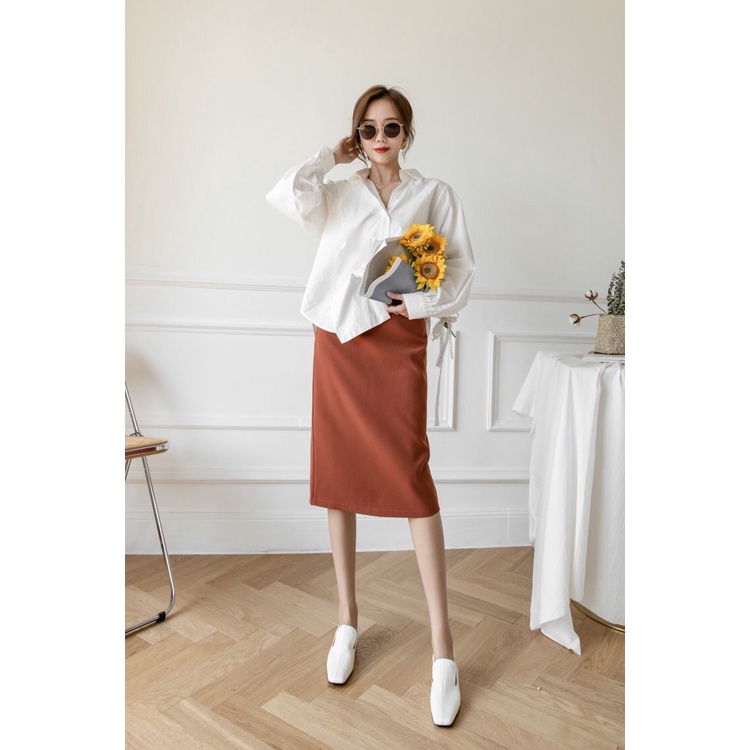 Chân váy công sở dáng dài bút chì xẻ sau vải tuyết mưa cao cấp màu đen be nâu phối sơ mi mặc đi làm văn phòng