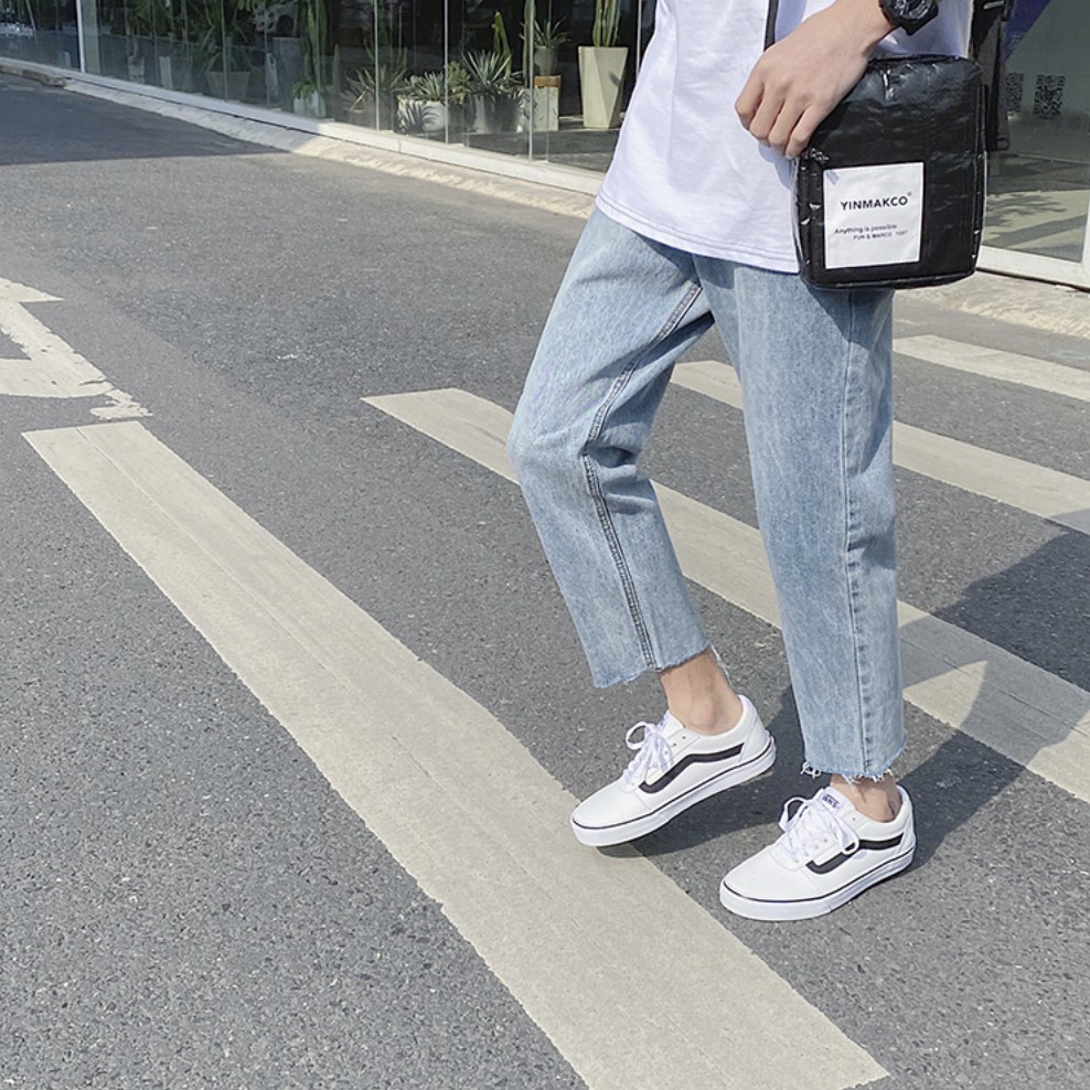 [Tiền Nào Của Đấy]Quần Jean Baggy Nam Cắt Gấu Ống Rộng Màu Xanh Trơn Basic Unisex Vải Co Giãn-B02