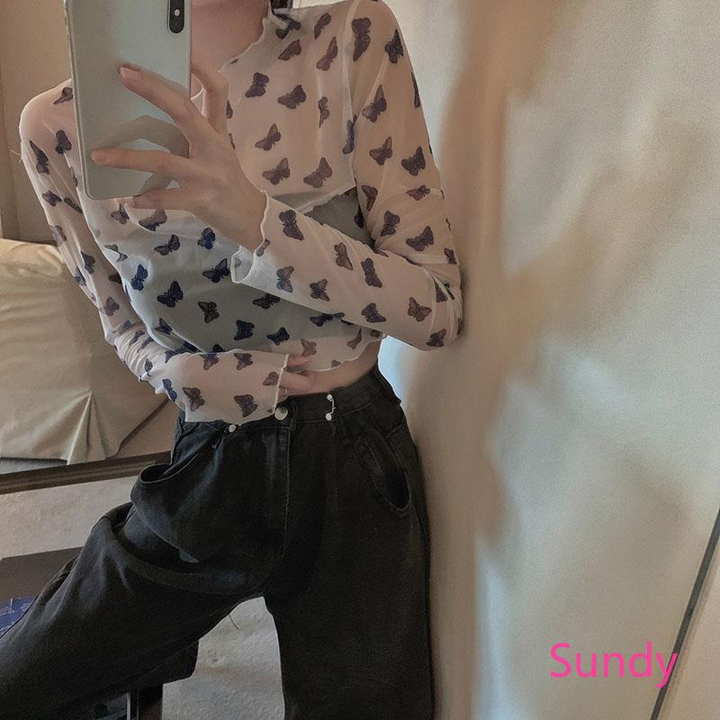 Áo Thun Croptop Tay Dài In Hình Bướm Xinh Xắn Gợi Cảm Cho Nữ
