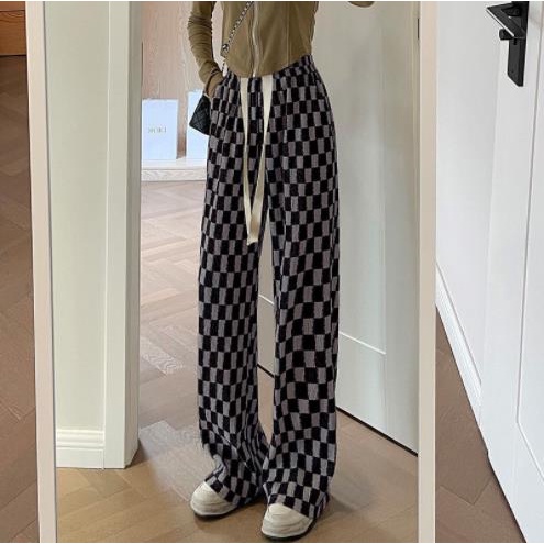 Quần Dài Ống Rộng Lưng Cao Họa Tiết Sọc Caro Trắng Đen Thời Trang Xuân Hè Cho Nữ
