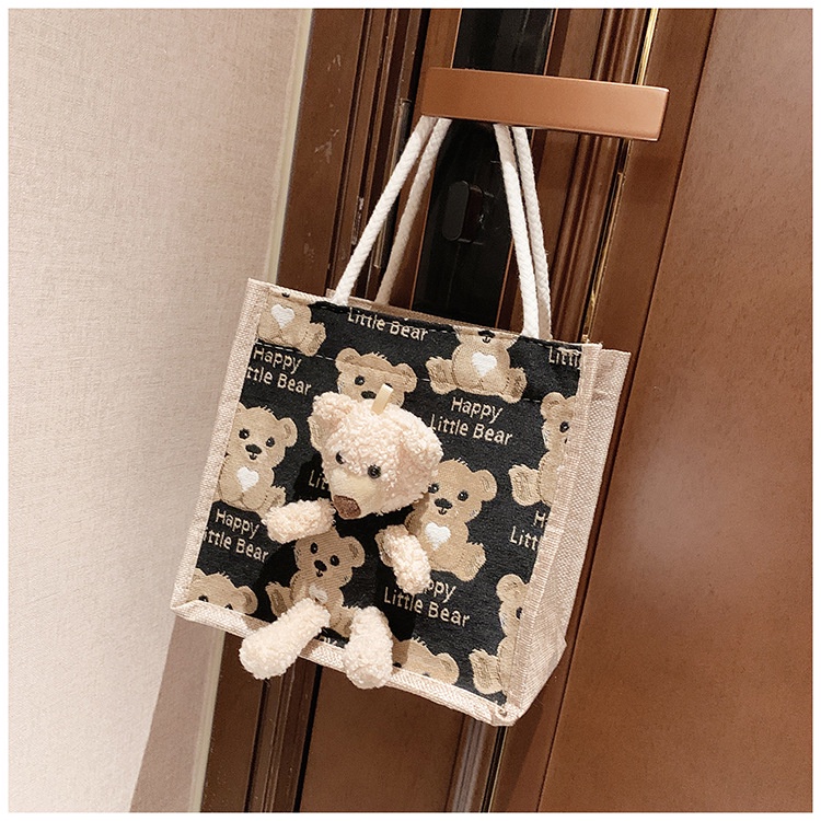 Túi tote Đựng Hộp Cơm Trưa Bằng Vải Bố Họa Tiết Gấu Dễ Thương Thời Trang