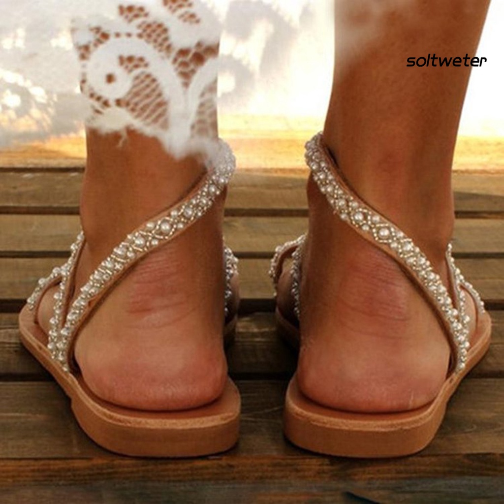 Dép sandal xỏ ngón đế bằng chống trượt đính đá thoải mái cho nữ