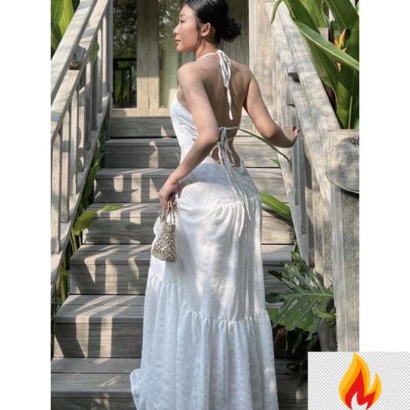 Váy maxi đi biển 2 màu trắng và kẻ sọc xanh (hình thật) 0J9*d