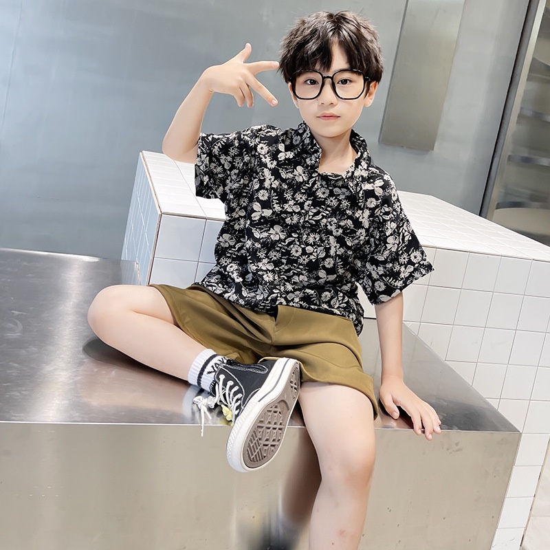 Bộ short sơ mi chữ quần đen bé trai SM2201
