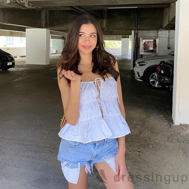 DRESSINGUP-Áo Dây Cổ Vuông Xếp Nếp Thời Trang Nữ Tính