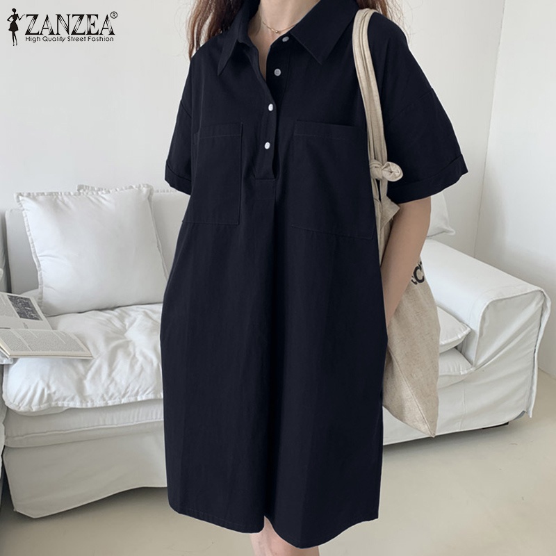 Váy mini ZANZEA dáng rộng cổ áo lật xuống có túi phía trước màu trơn cho nữ