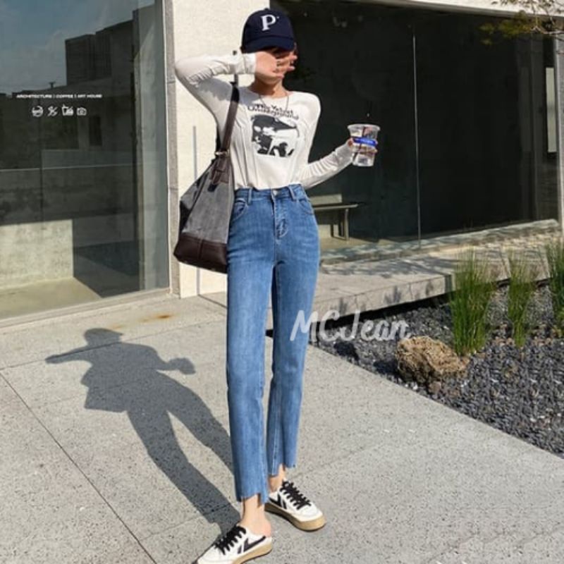 Quần jean nữ xanh đậm nhạt cắt gấu hot hit 2022 | BigBuy360 - bigbuy360.vn