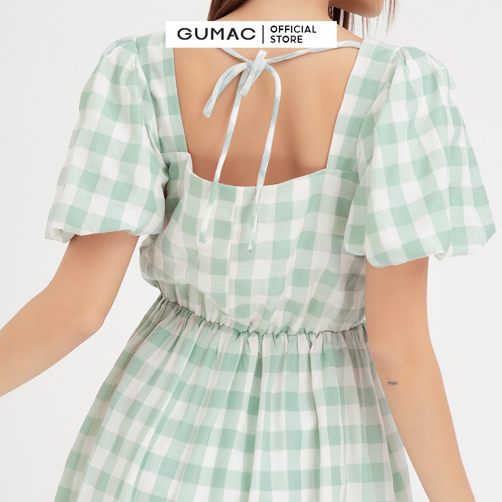 [Mã MABR07062 giảm 8% tối đa 50K đơn từ 249K] Đầm xòe nữ tay bí GUMAC họa tiết caro màu xanh trẻ trung DB485 | BigBuy360 - bigbuy360.vn