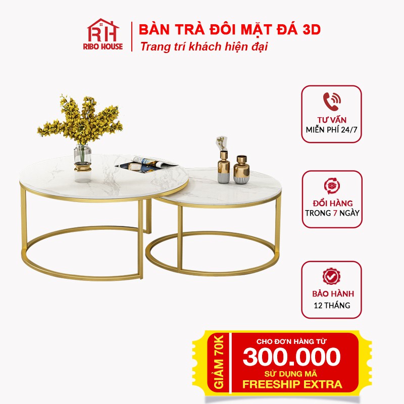 Bàn trà sofa đôi RIBO HOUSE mặt bàn đá, bàn uống nước trang trí nội thất phòng khách ban công khách sạn RIBO49