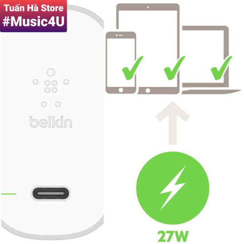 Củ sạc nhanh Belkin PD 27W 39W Type C cho Iphone 11, Iphone 12, Ipad, Macbook, MFI [Music4U]