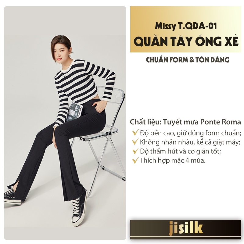 Quần ống loe jisilk xẻ gấu cạp cao hack dáng baggy vải công sở nữ màu đen Missy T.QDA-01