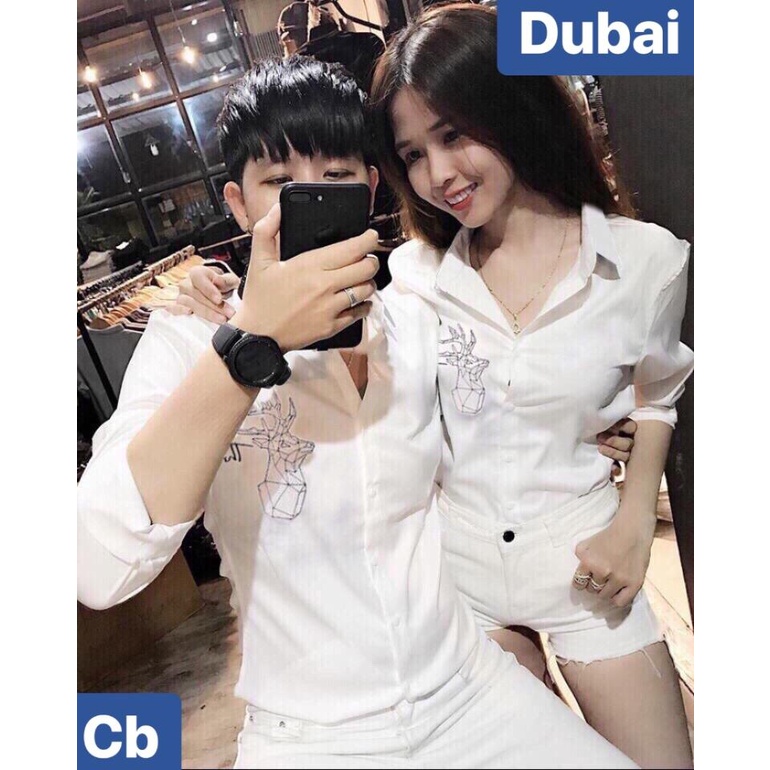 ÁO SƠ MI LỤA CẶP NAM NỮ TRẮNG ĐEN CON NAI TƠ DB-CB  CAO CẤP,DUBAI FASHION