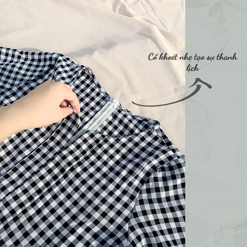Đầm sơ mi caro dáng suông công sở thanh lịch có dây thắt eo,có túi CHIC.STORE