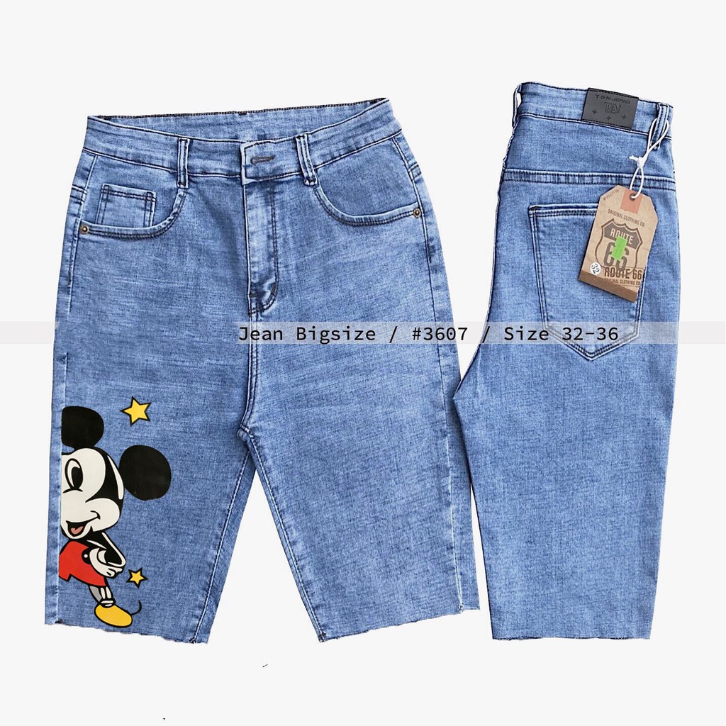 [60kg~90kg] Quần jean ngố / lửng BIG SIZE lưng cao, co dãn mạnh rách kiểu đẹp IN HÌNH chuột mickey 3459 moliruan