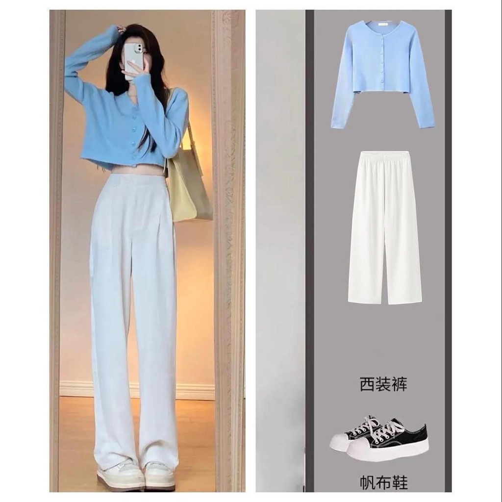 Bộ Áo Cardigan Dệt Kim + Quần Ống Rộng Phong Cách Hong Kong Cá Tính