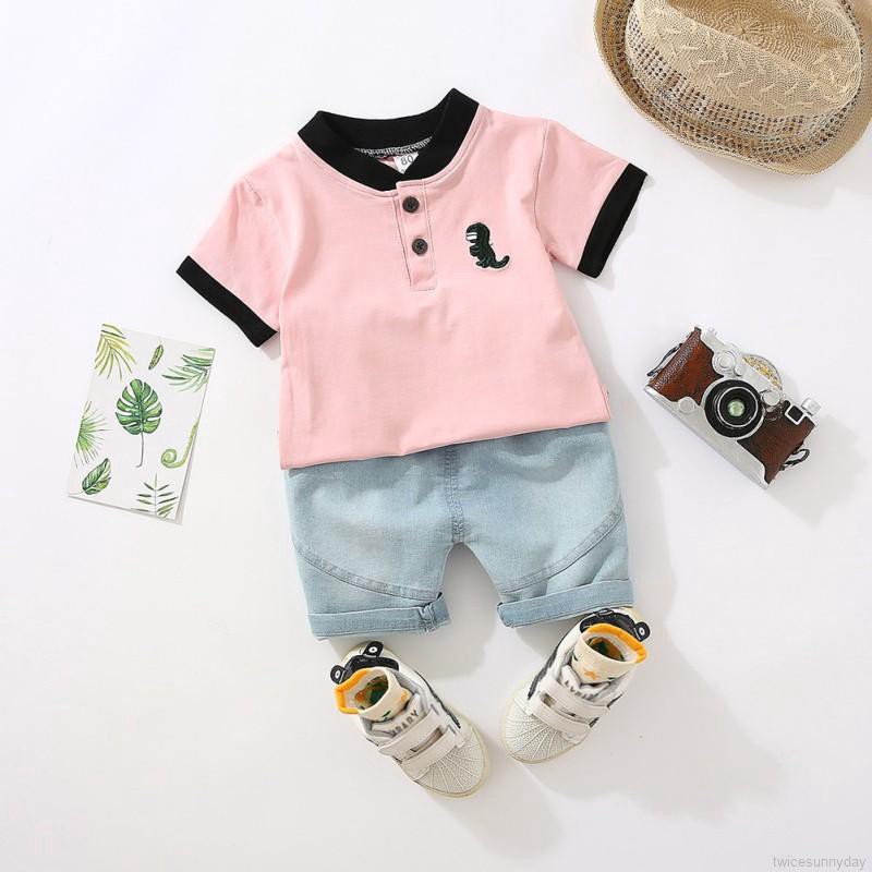 Set áo thun in hình khủng long + quần short jeans cho bé trai