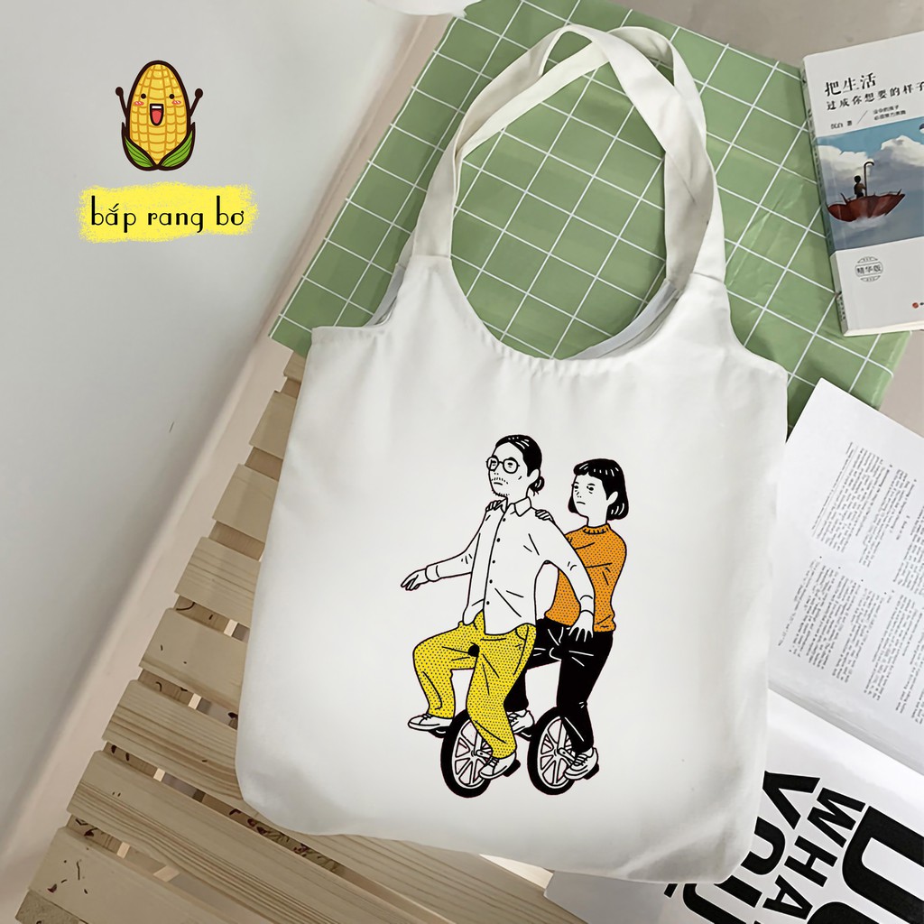 TÚI TOTE TRÒN GIA ĐÌNH VUI NHỘN VẢI DỆT CANVAS CÓ TÚI CON