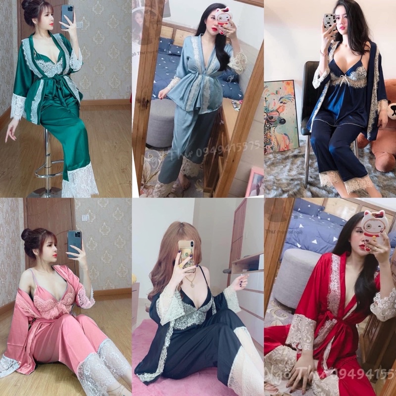 Combo Đồ Ngủ 3 Món Lụa Satin - Áo choàng , Set 3 Món Pyjama Hai Dây có mút ngực