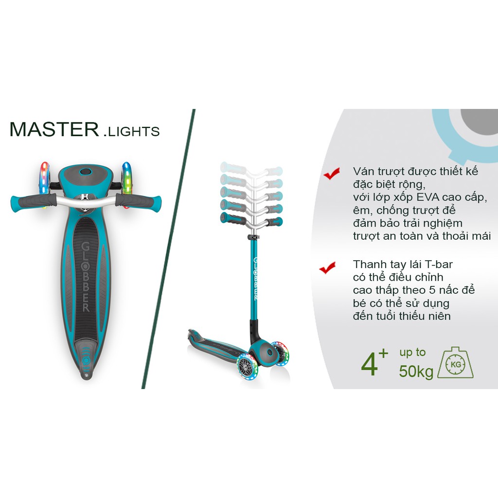 Xe trượt scooter 3 bánh gấp gọn có bánh xe phát sáng Globber Master cho trẻ em từ 4 đến 14 tuổi - Xanh cổ vịt