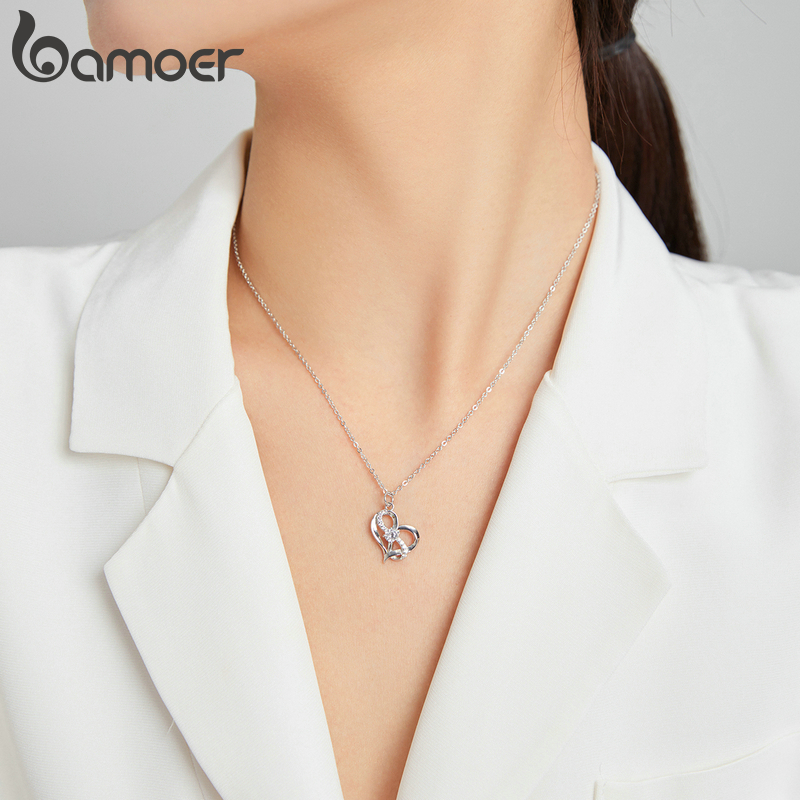 Vòng Cổ Bamoer SCN442 Bằng Bạc 925 Bạch Kim Với Mặt Hình Trái Tim &amp; Đá Zircon Khối Thời Trang Cho Nữ