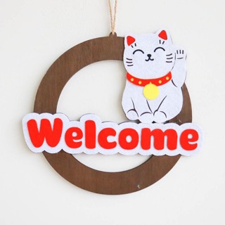 Bảng gỗ treo cửa Welcome Mèo thần tài trang trí cửa hàng, căn hộ của bạn