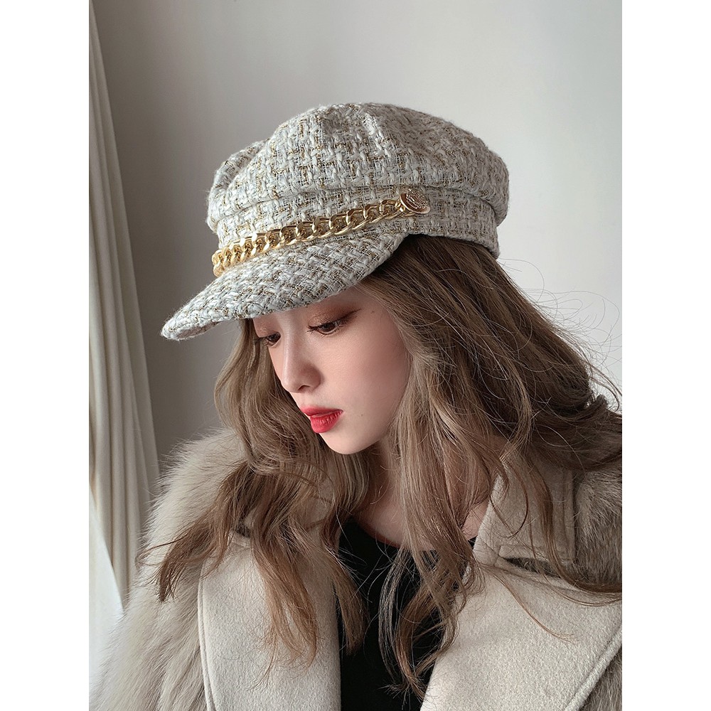 Nón Beret Phối Dây Xích Phong Cách Hàn Quốc Thời Trang Thu Đông Dễ Phối Đồ Cho Nữ