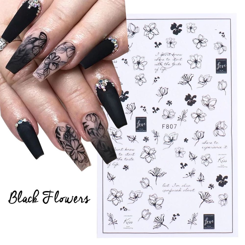Sticker Rỗng Dán Trang Trí Móng Tay 3D Màu Trắng Đen Họa Tiết Hoa Lá Phong Cách Gothic
