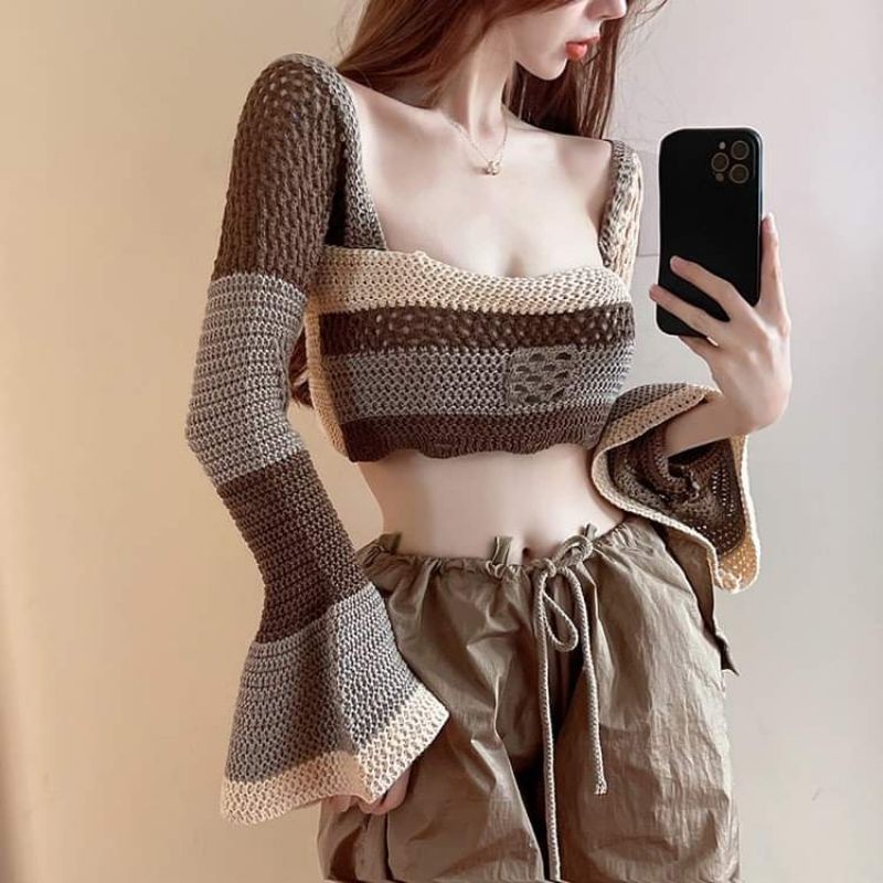 Áo len lưới croptop phối quần hộp hàng thiết kế kiểu Hàn Quốc mẫu mới 2022