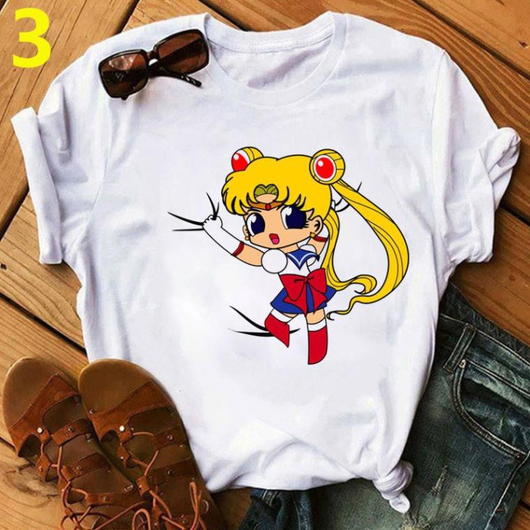 [Free Ship - Hàng Loại Đẹp] Áo Thun Tay Ngắn In Hình Thủy Thủ Mặt Trăng SAILOR MOON Vui Nhộn Thời Trang Emmys Cho Nữ