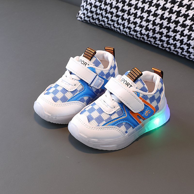Giày thể thao cho bé trai, bé gái họa tiết caro có đền led hàng Quảng Châu cao cấp Babybees mã mới S7