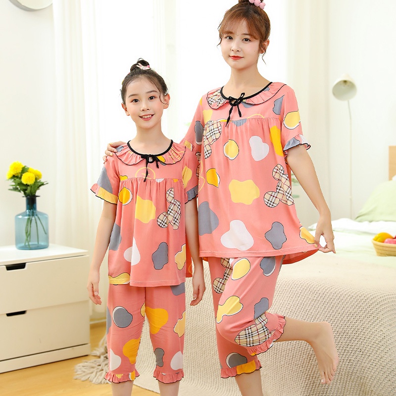 Bộ Đồ Ngủ Cotton Lụa Mỏng Tay Ngắn Viền Xếp Nếp In Họa Tiết Hoạt Hình Thời Trang Cho Mẹ Và Bé Size 110-xl