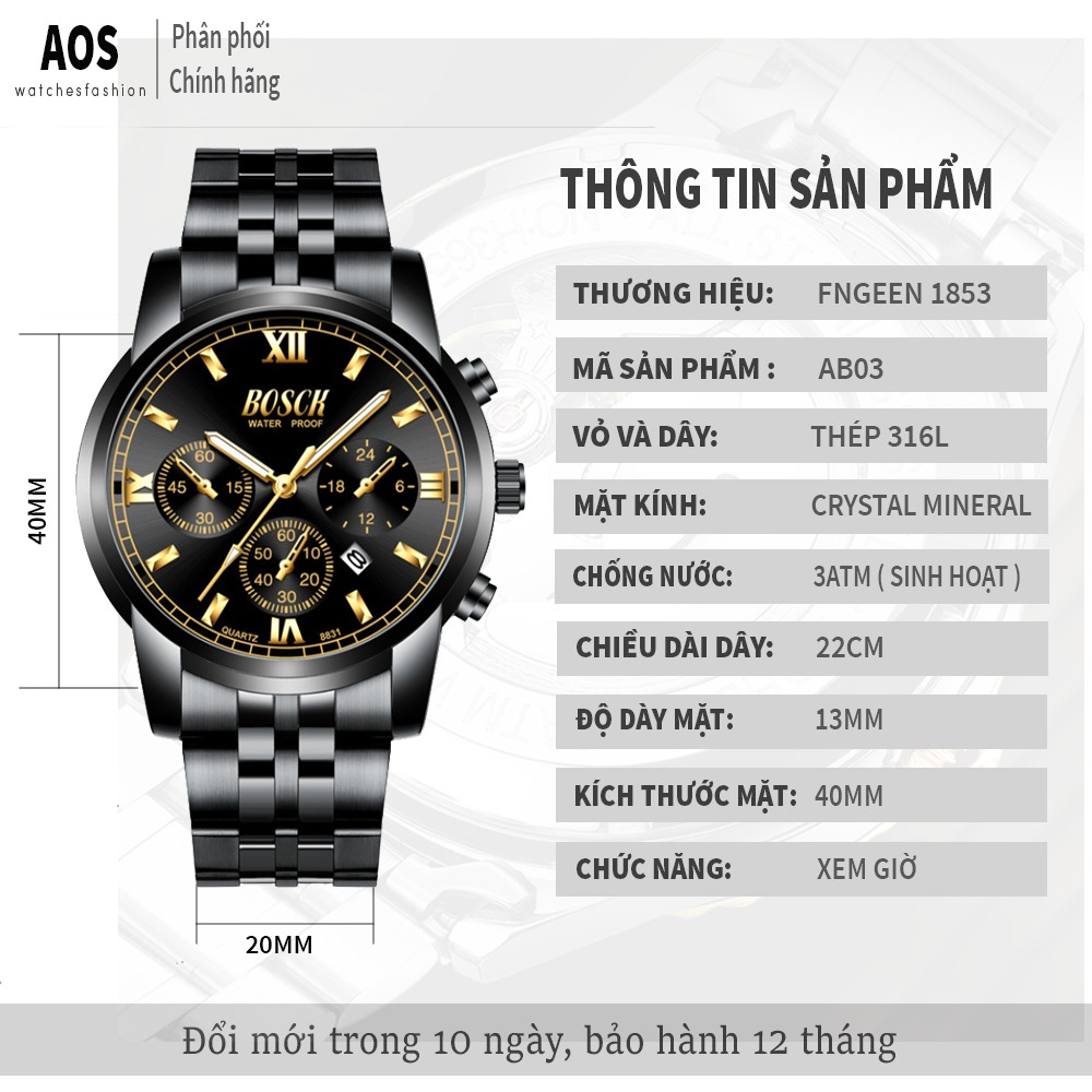 Đồng hồ nam rẻ đẹp BOSCK BO03 chính hãng, dây thép không rỉ, có lịch ngày tiện lợi, chống nước tốt | BigBuy360 - bigbuy360.vn
