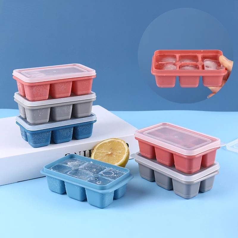 Khay Làm Đá 6 Ngăn Bằng Silicone Cấp Thực Phẩm Kèm Nắp Đậy DIY