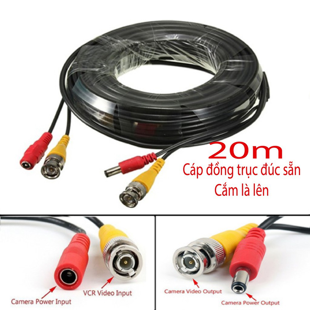 20 mét Cáp đồng trục liền nguồn cao cấp đúc sẵn 2 đầu BNC, DC dài 20m dùng cho Camera