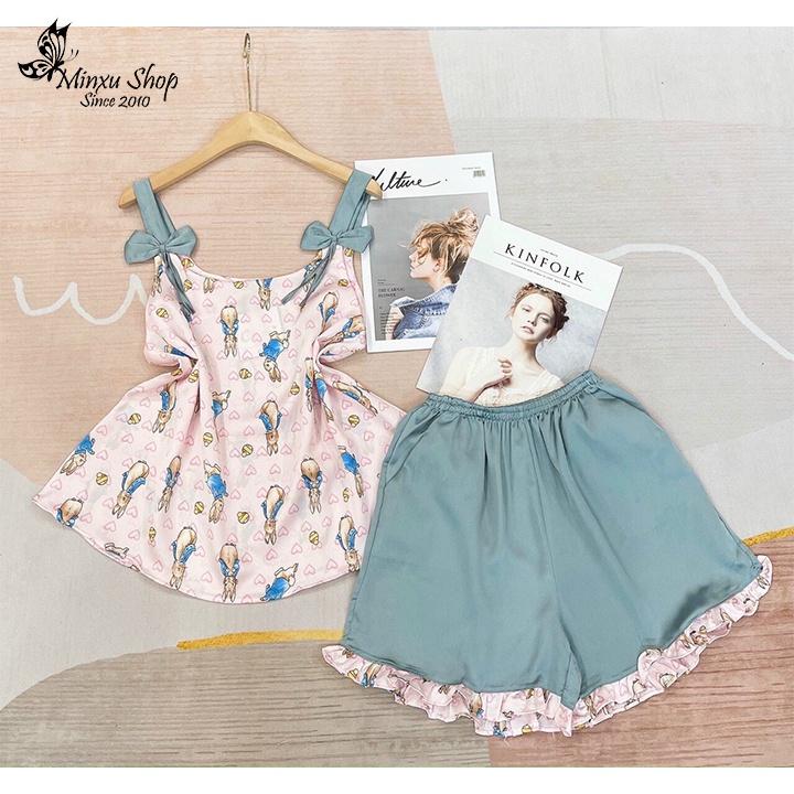 Bộ ngủ 2 dây nơ, cổ vuông sexy gợi cảm, vải lụa tơ mềm mịn mát lịm YV