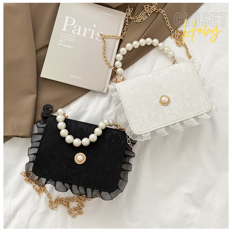 Túi Xách Nữ Ulzzang Ren Hoa Tay Cầm Ngọc Trai Nhân Tạo Phối Dây Xích Đeo Chéo Haleycloset.