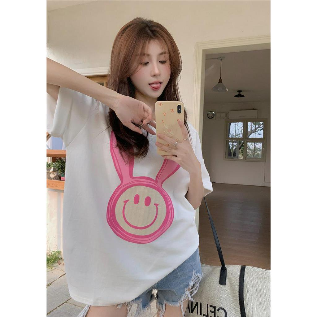 Áo Thun cotton Dáng Rộng In Họa Tiết Thỏ Hoạt Hình Xinh Xắn Thời Trang Mùa Hè Cho Nữ