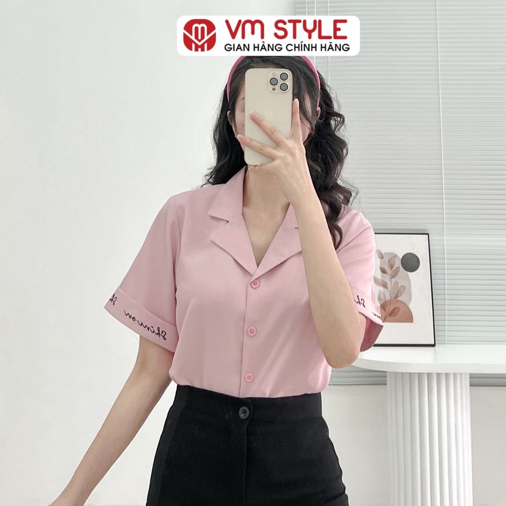 Áo sơ mi tay ngắn cổ vest thêu chữ ulzzang thời trang VM STYLE 22SU03DH0401