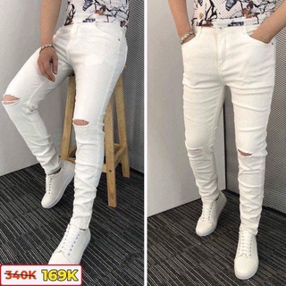 Quần jean nam trắng rách gối chất jean co dãn cao cấp