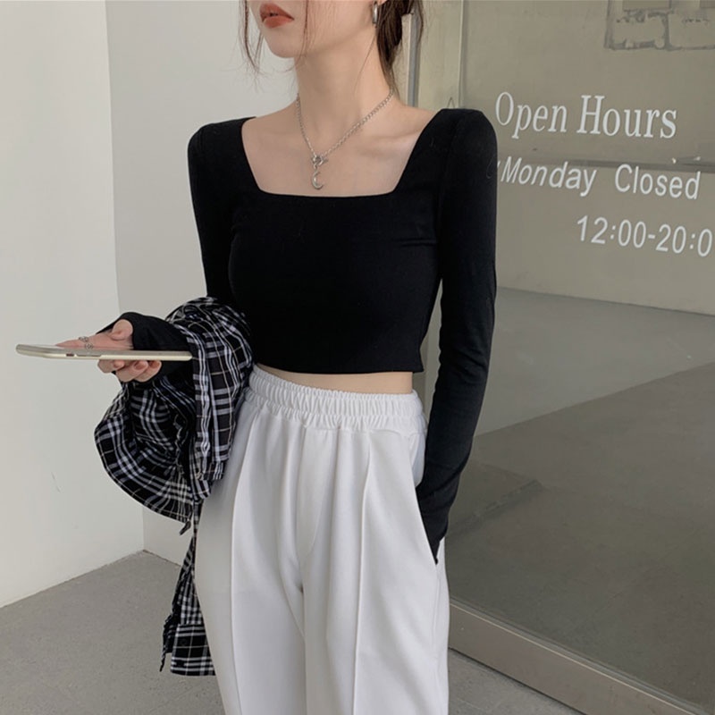 Áo thun YEYA ôm dáng tay dài cổ vuông xinh xắn thời trang dành cho nữ