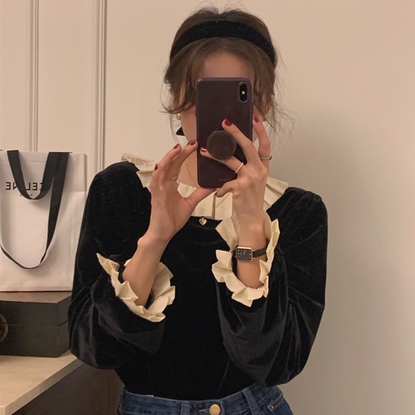 Áo sơ mi peppermint 48427 tay dài chất liệu nhung mềm mại phong cách ngọt ngào cho nữ