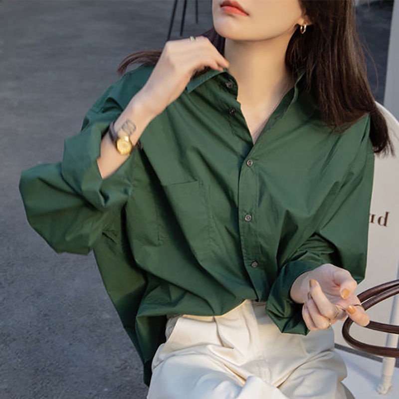 Áo Sơ Mi Màu Xanh Lá Đậm Phong Cách Retro Thời Trang Xuân Thu 2022 Cho Nữ