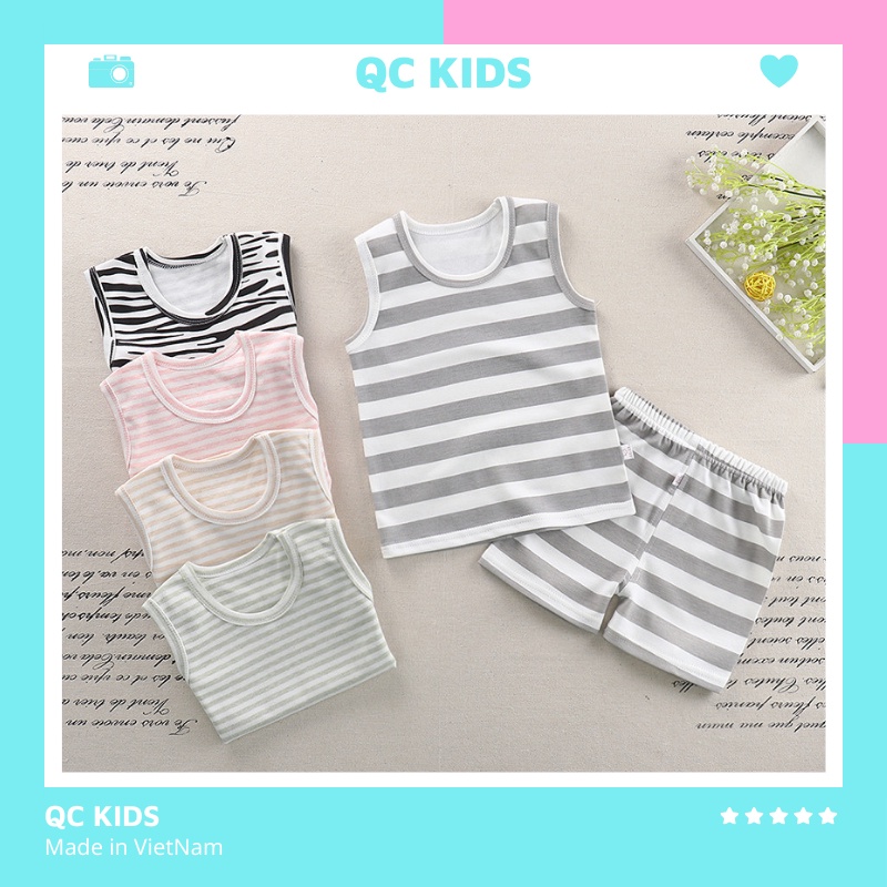 Bộ ba lỗ bé trai bé gái QC-KIDS, quần áo trẻ em mùa hè chất cotton mẫu kẻ sọc 8-18kg
