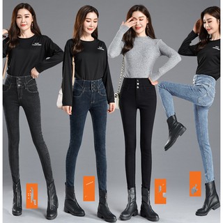 Quần jean nữ lót lông cạp cao ba khuy chất cao cấp giãn tốt hai loại (lót lông)