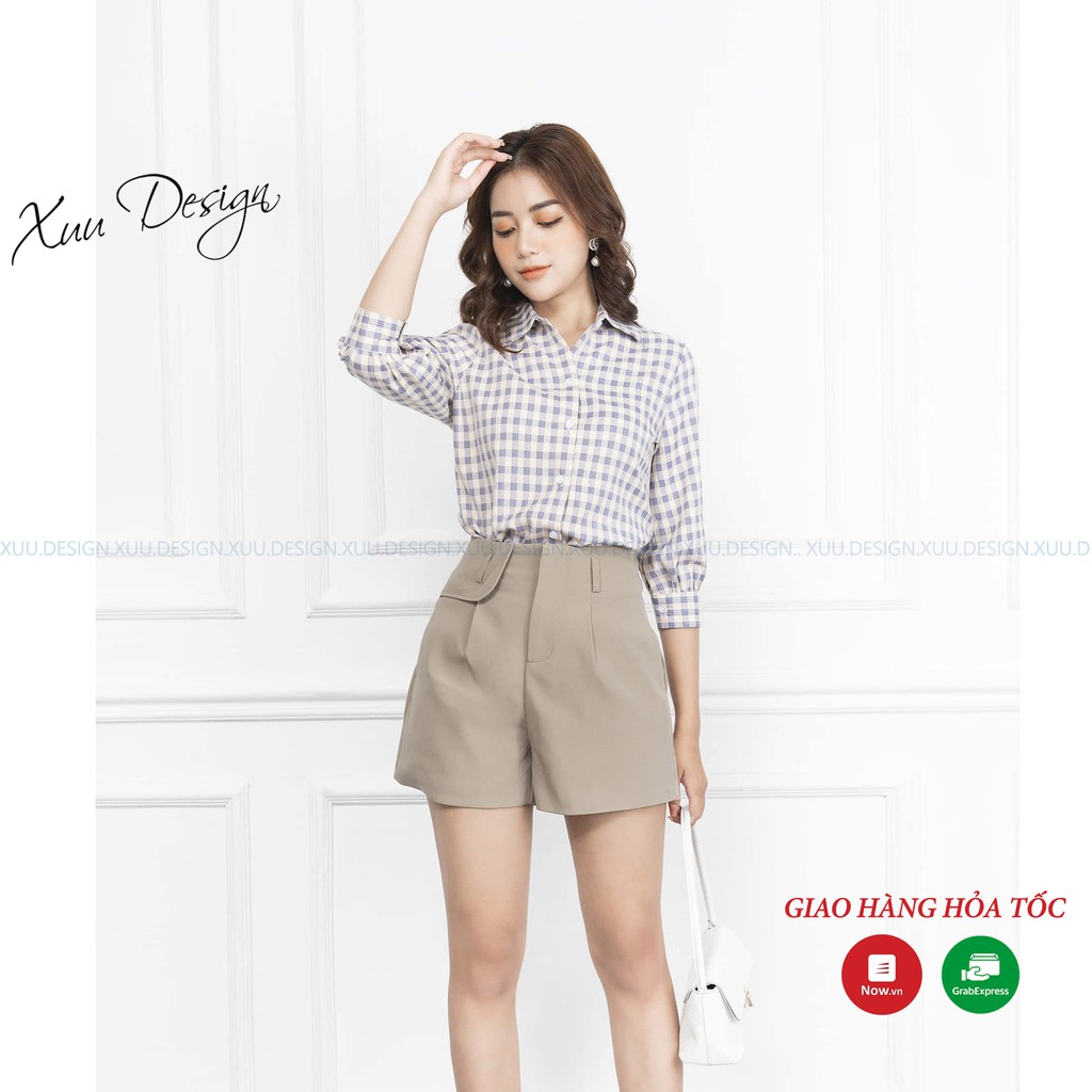 Áo sơ mi nữ công sở Xuu, vải kate tay lỡ kẻ caro xanh nhạt - Xu02