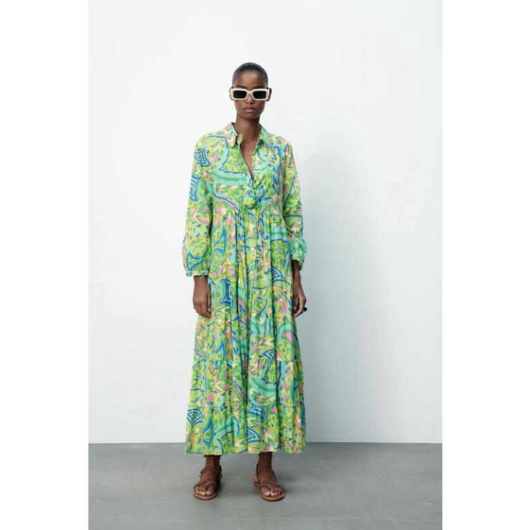 Đầm Zara chemise họa tiết xanh tươi đẹp DH1SMG545N10 Hot