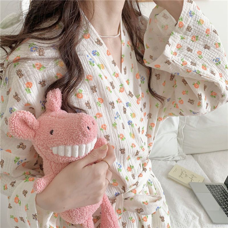 Bộ Đồ Ngủ Tay Dài In Hoa Dễ Thương Phong Cách Nhật Bản Cho Nữ