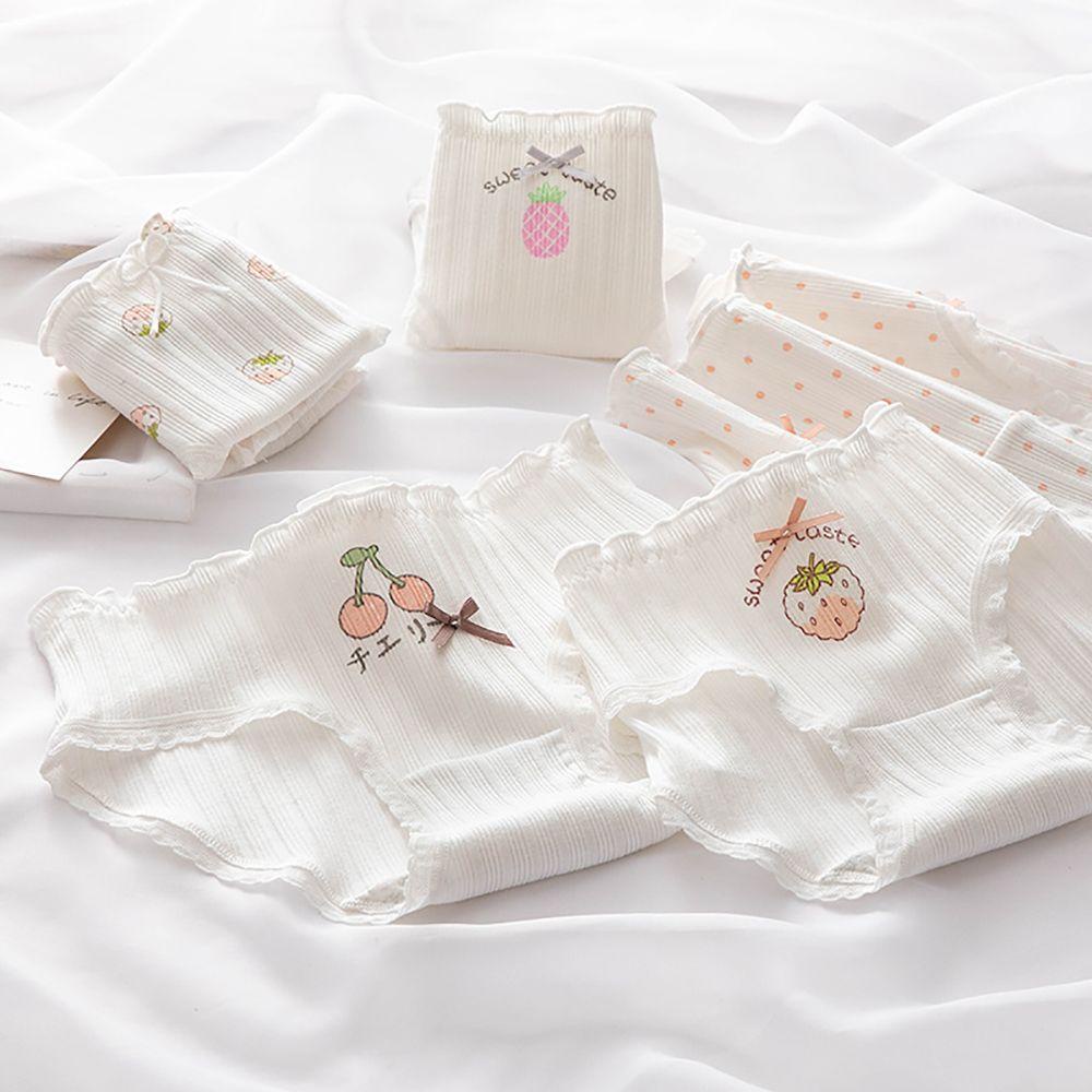 OCEANMAP Quần Lót Cotton Phối Ren Nhún Bèo In Họa Tiết Dâu Tây Dễ Thương Thời Trang Quyến Rũ Cho Nữ